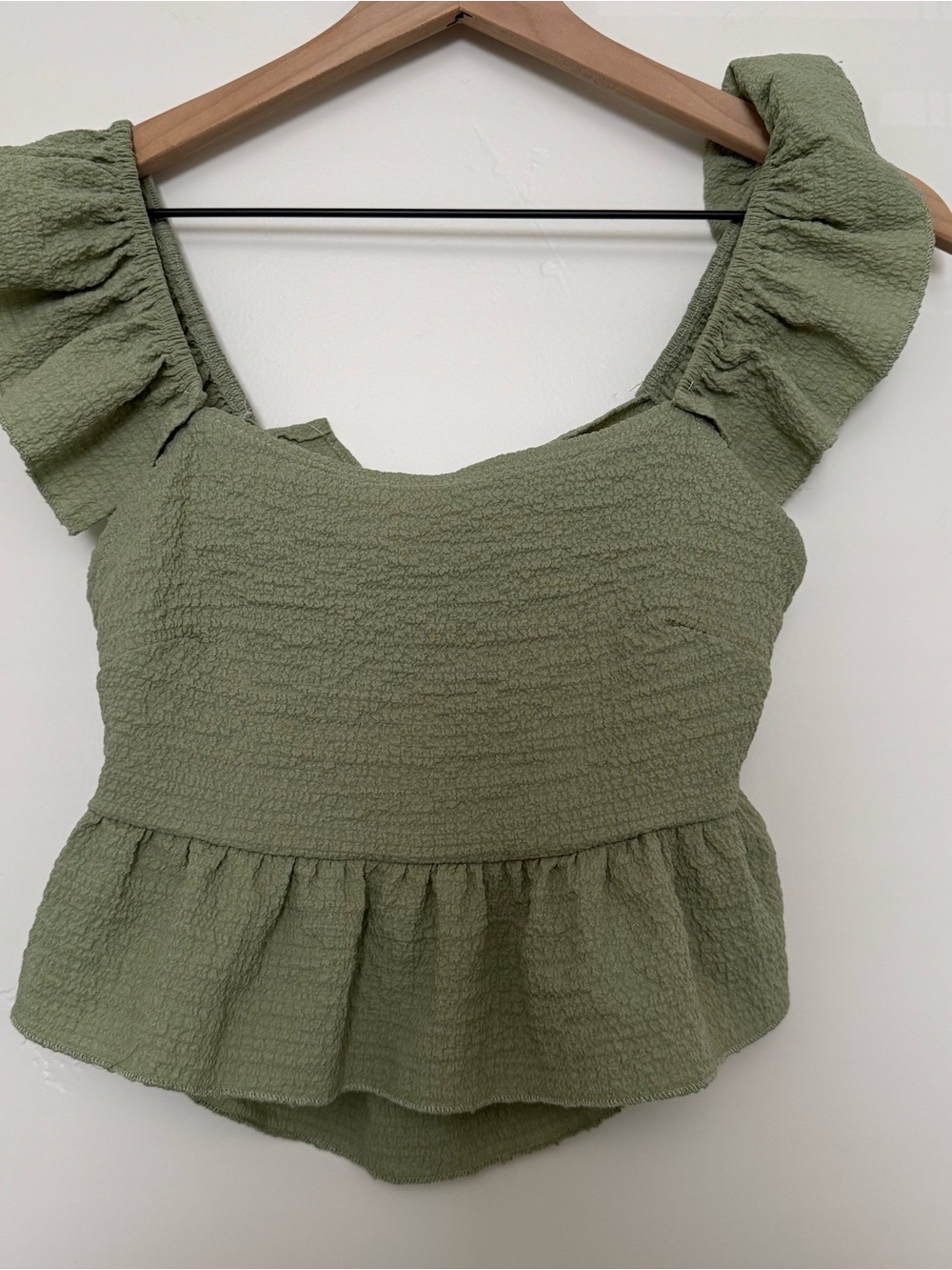 SHEIN Sage Green Smocked Ruffle Peplum Crop Top